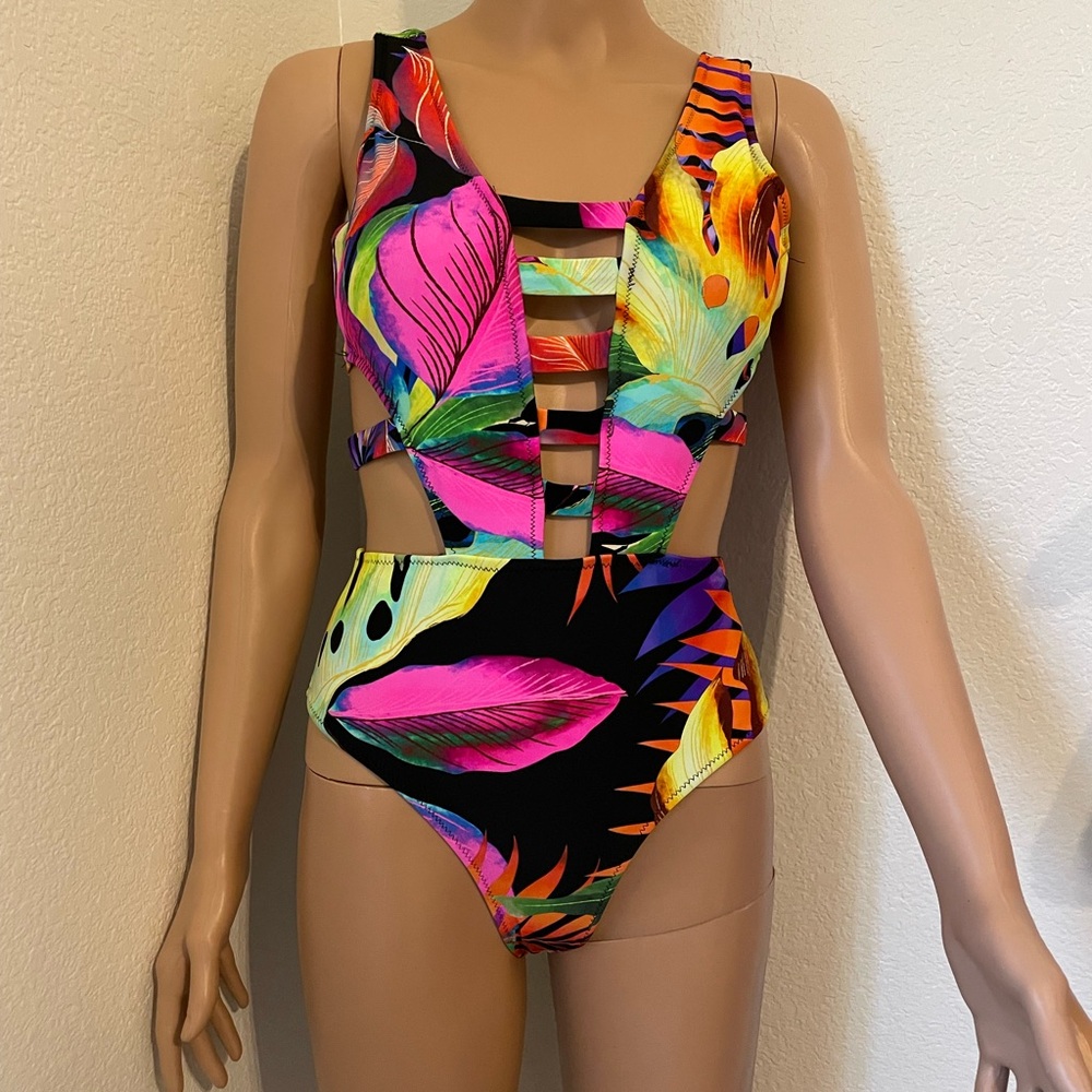 Tropical Cutout One-Piece Swimsuit — Neon Leaf Print